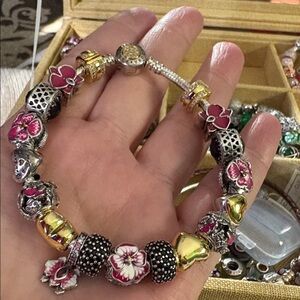 Pandora  Silver and Gold Charm Bracelet with Pink Accents